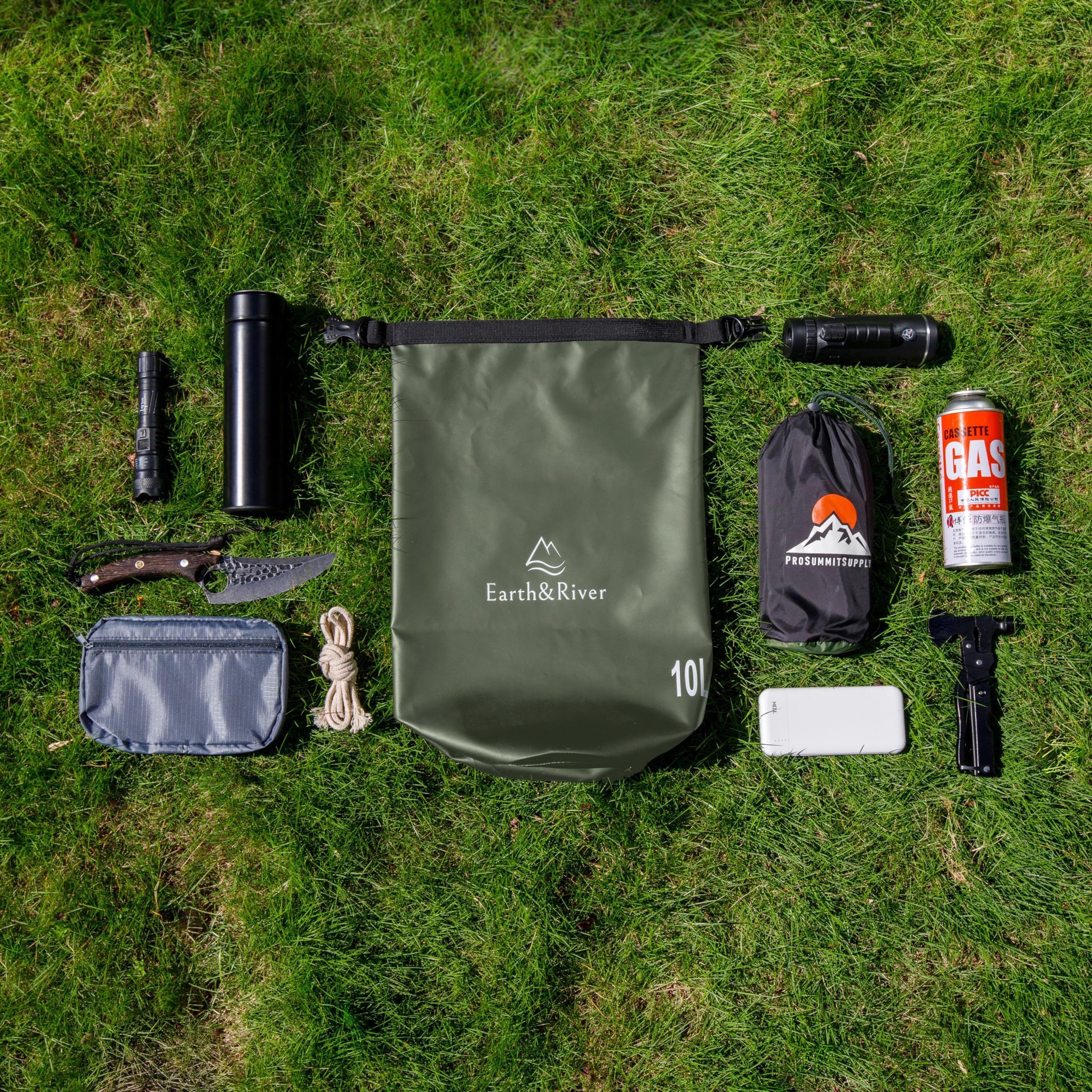EARTH&RIVER Mochila seca para kayak, mochileros, rafting y navegación, protección impermeable resistente, correas de hombro anchas y ajustables (verde militar, 10 L)