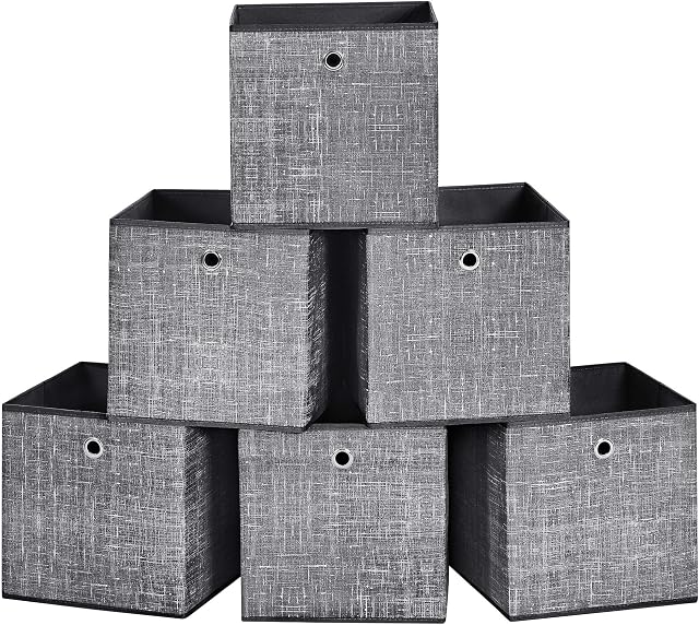 SONGMICS Foldable Storage Boxes, Set of 6 Non-Woven Fabric Storage Cubes, 30 x 30 x 30 cm, Toy Clothes Organiser Bins, Black, RFB006B01