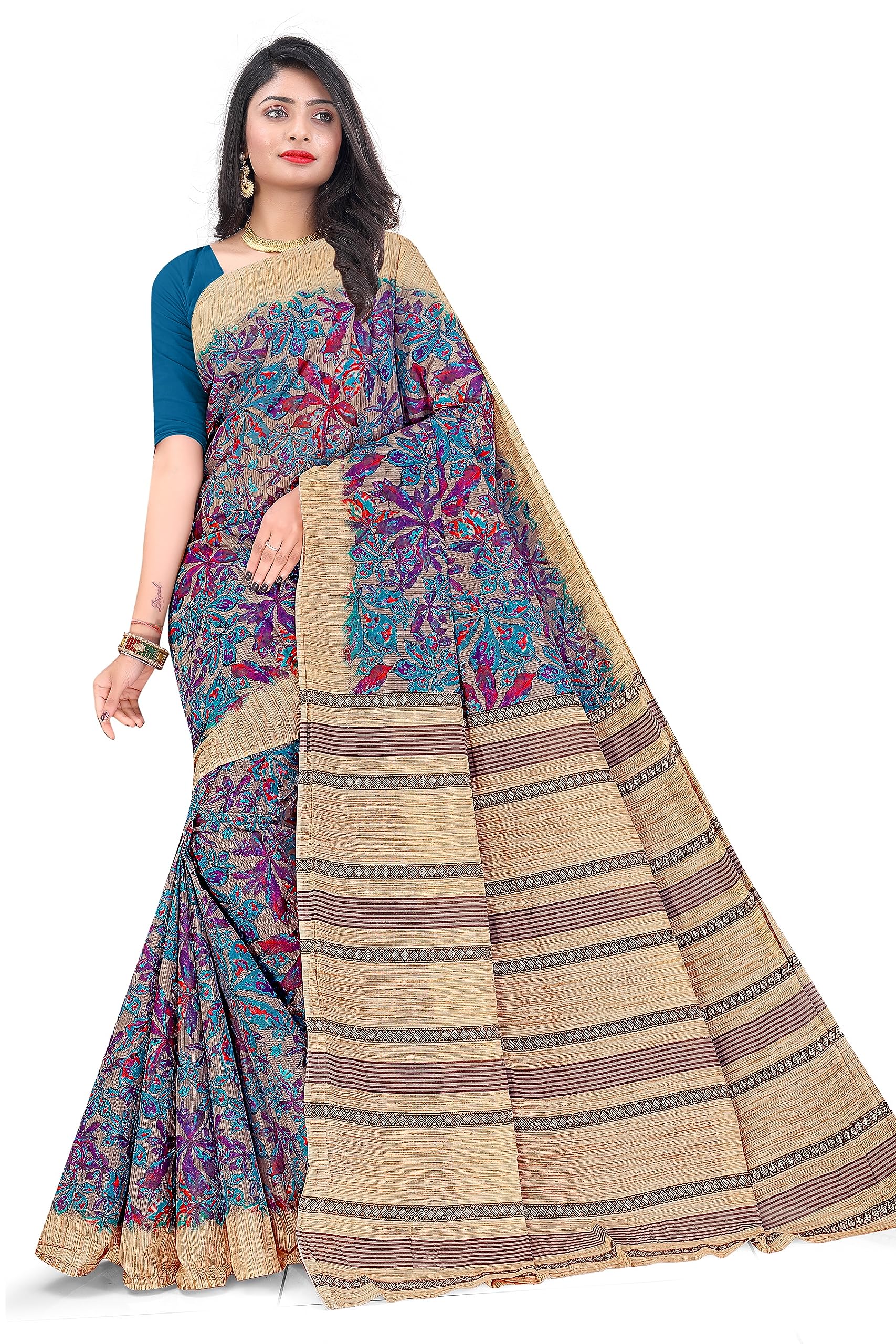 Tamaira Fashion Women's Autumn Leaf Print Pure Cotton Saree Without Blouse Piece(11184_Grey)