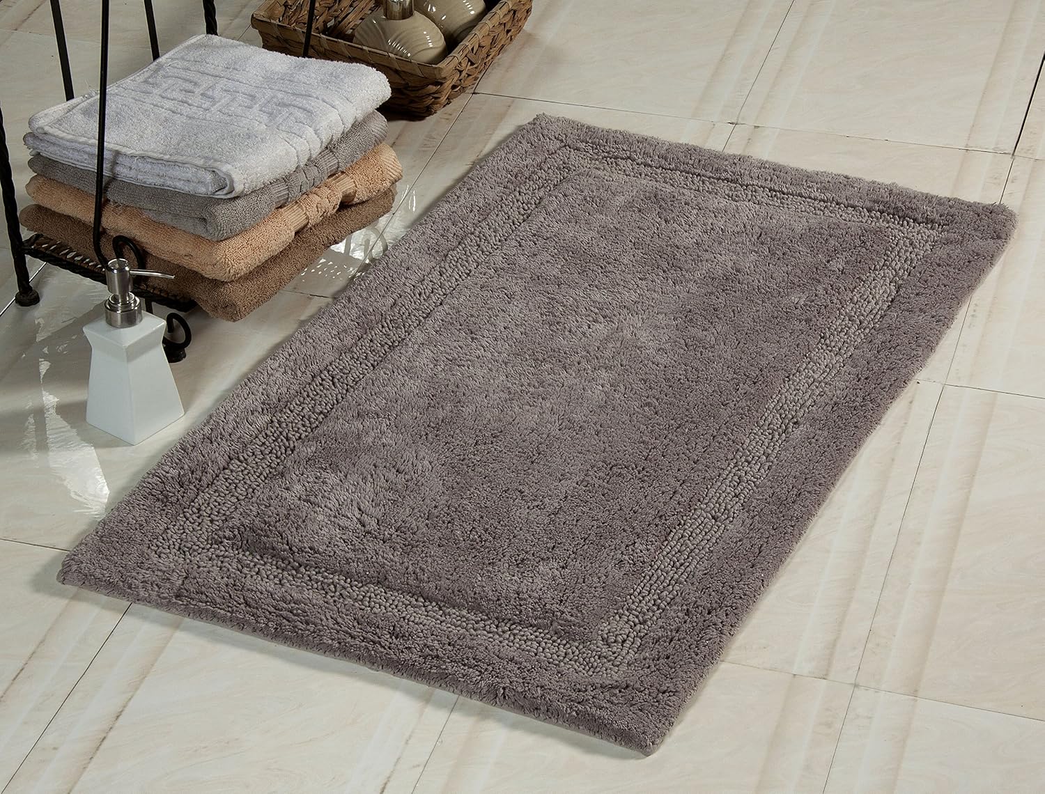 Bath Rug 100% Soft Cotton, Size 50x30 Inch, Latex Spray Non-Skid Backing, Solid Grey Color, Textured Border, Hand Tufted, Heavy 190 GSF Weight, Machine Washable