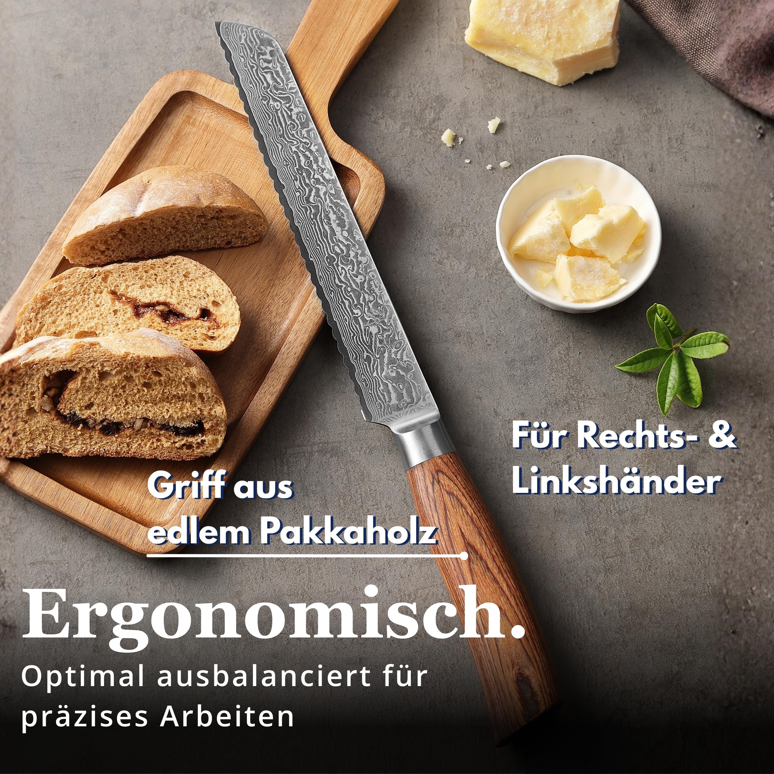 Wakoli EDIB Pro Brotmesser, 20 cm Klinge aus Damaststahl mit VG10 Kern | Wellenschliff für Brot, Brötchen, Baguette und Kuchen; 67 Lagen, 60 ± 2 HRC, 34 cm Gesamtlänge, Pakkaholzgriff, Geschenkbox