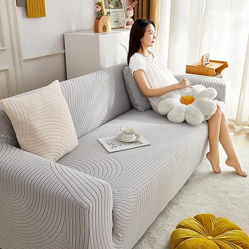 Miniatura 4 de vctops Funda de sofá jacquard geométrico de 1 pieza para sofá de 3 cojines, funda elástica de forro polar Sherpa para mascotas y perros, protector