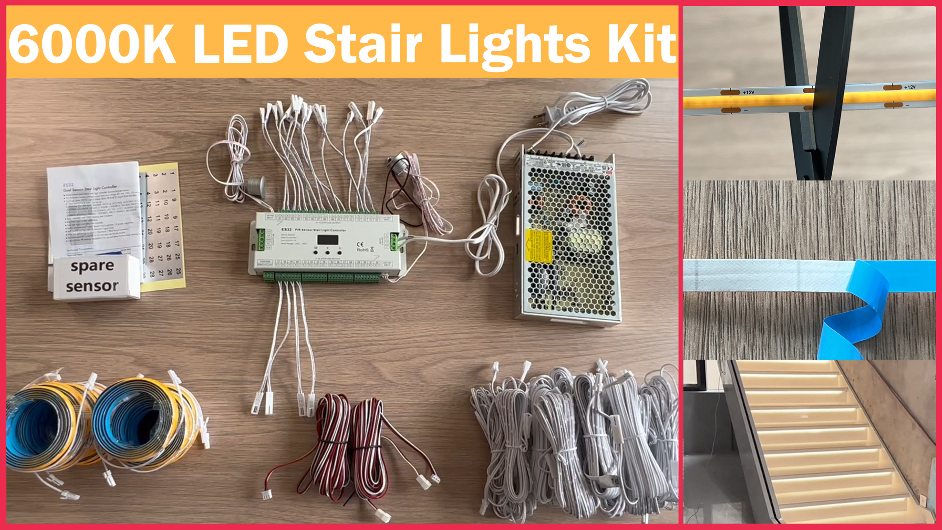 Image of 20-Step Intelligent Motion Sensor Stair Lights Kit, 47.2-Inch Cuttable COB LED Strip Lights for Indoor Stairs, PIR Smart Staircase Lighting with Daylight Sensor, Cool White (6000k)