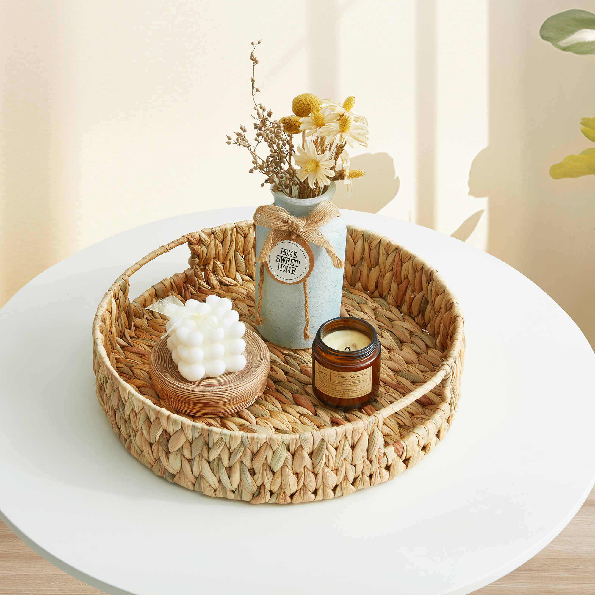 JS HOME 13 inch Round Wicker Tray, Hand-Woven Rattan Serving Trays