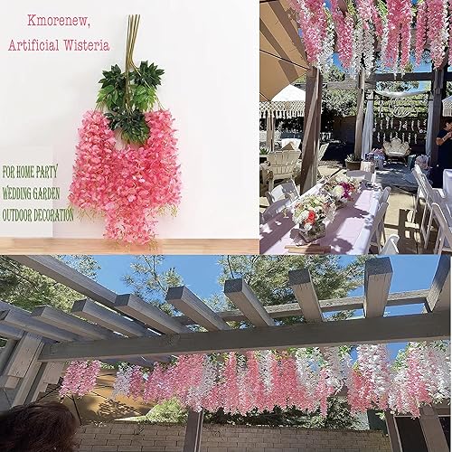 Miniatura 4 de Kmorenew Flores colgantes de glicina rosa intenso, paquete de 12 unidades de 3.6 piespieza, guirnalda colgante de glicina artificial de vid de ratán