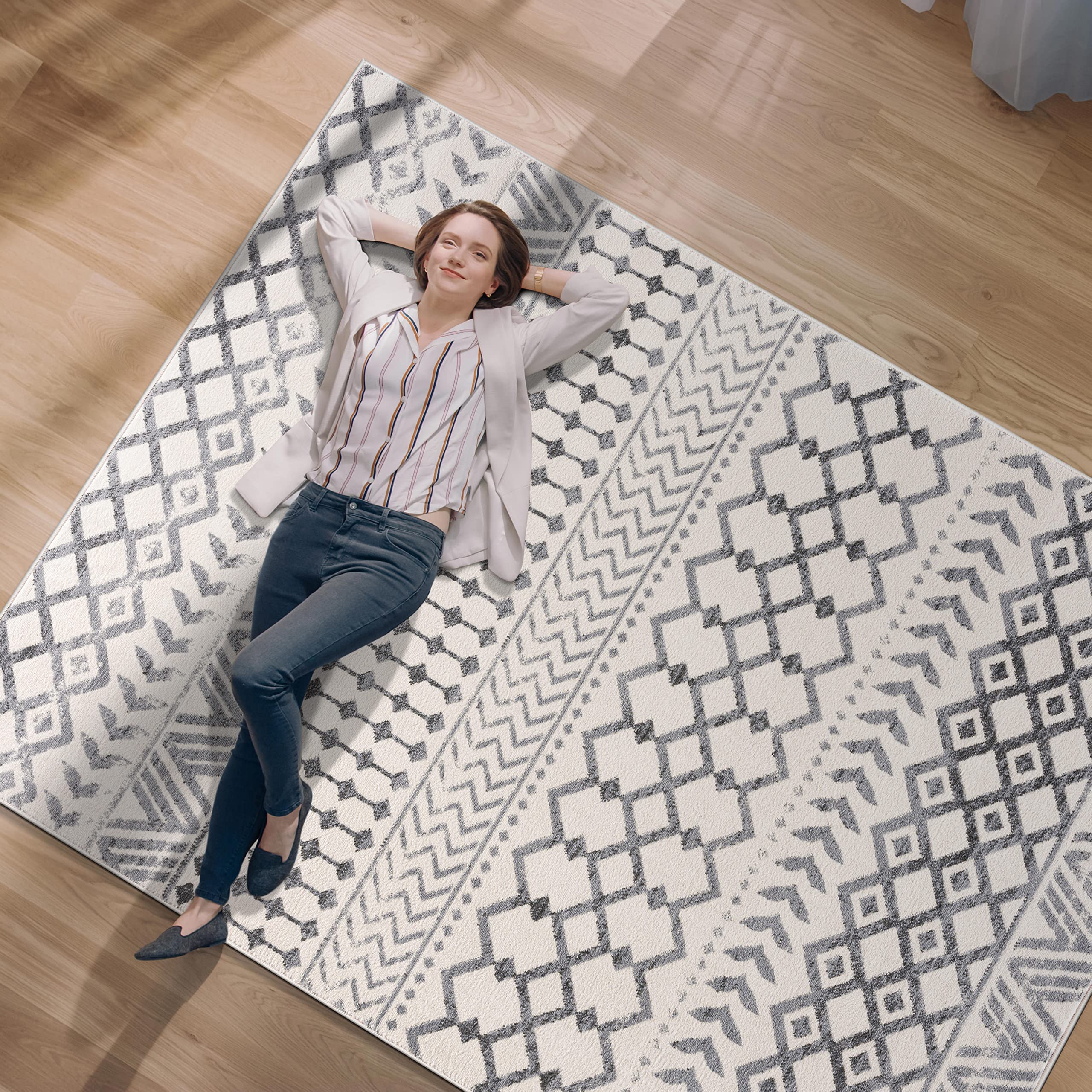 Photo 1 of CAMILSON Boho Area Rug, 7'10" x 10' for Living Room, Bedroom Farmhouse Grey / Cream Indoor Area Rugs 8x10 Boho Grey