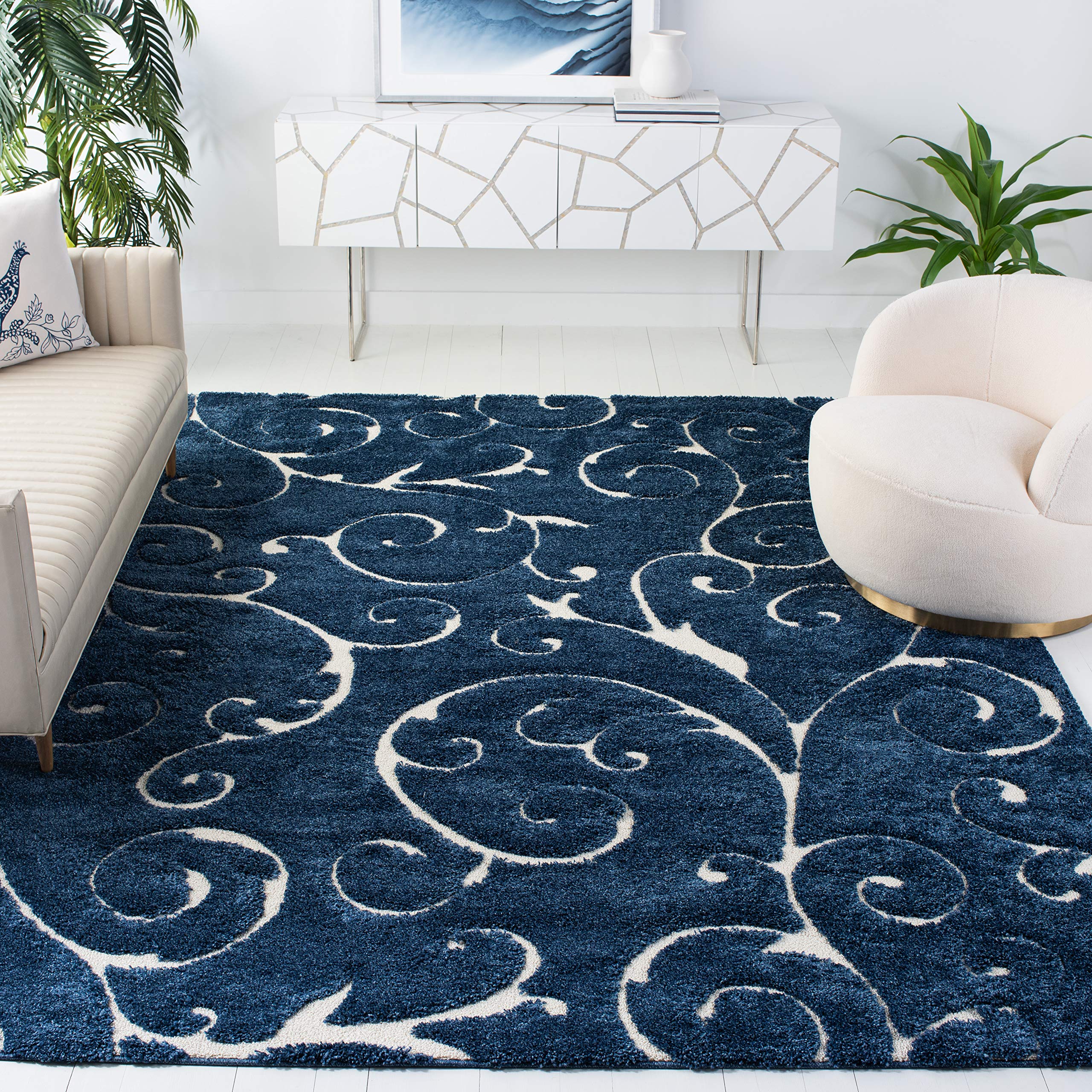 SAFAVIEH Area Rug 9x12 - Florida Shag Collection - Large - Dark Blue & Cream, Scroll Design, Non-Shedding & Easy to Clean, High-Low Plush Pile, Ideal