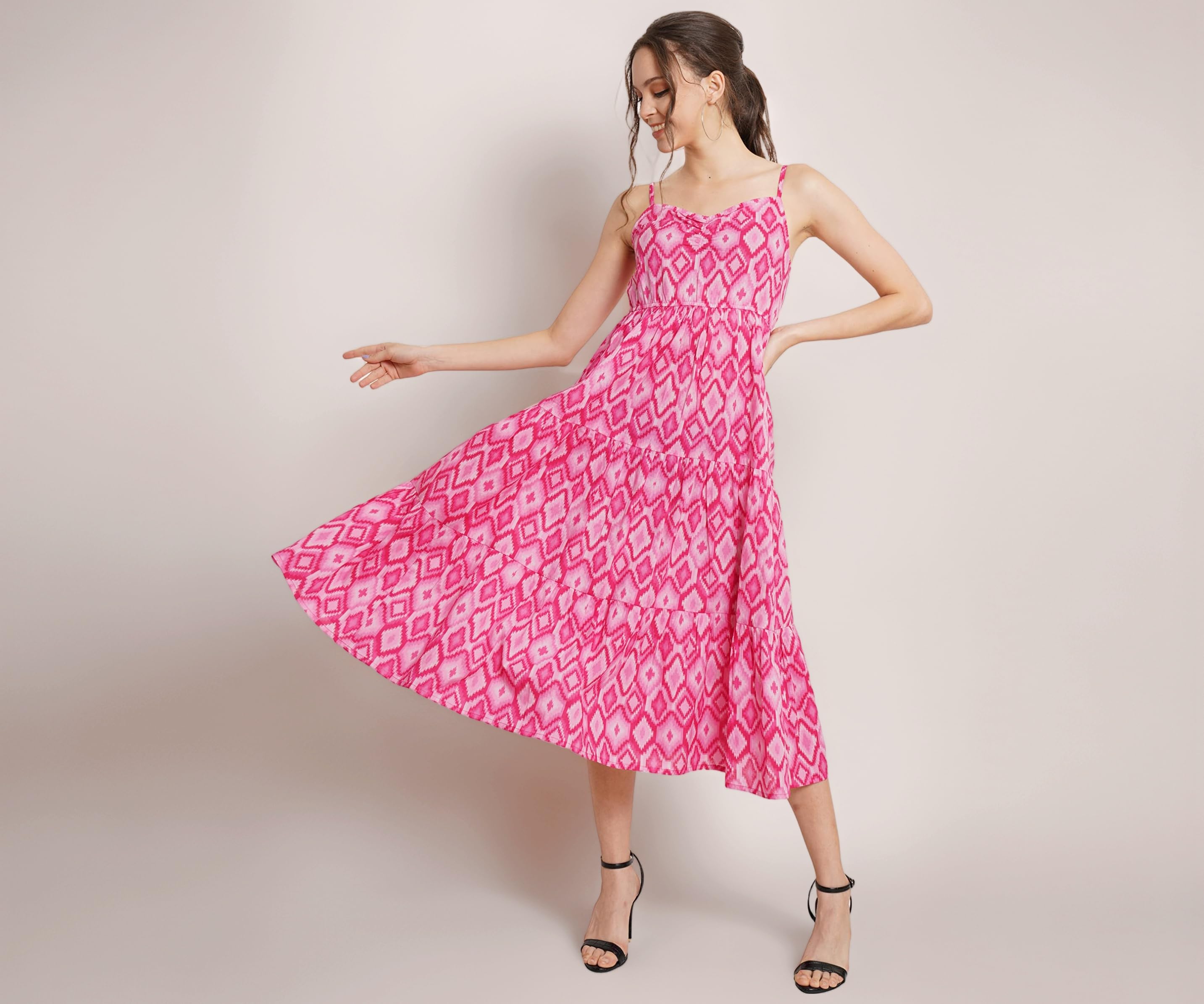 - Breathable Cotton Printed A-Line Midi Dress for Women