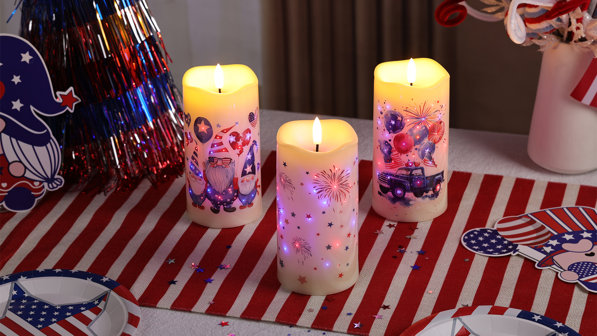 Image of Eywamage Patriotic 4th of July LED Candles, Flickering Fiber Optic Flameless Candles with Remote Set of 3