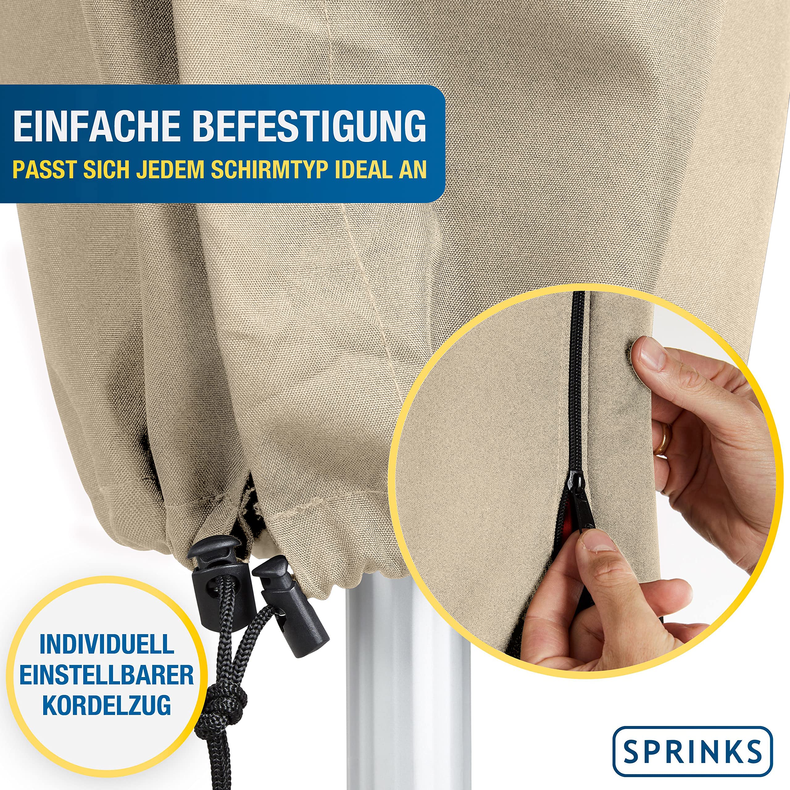 SPRINKS® Sonnenschirm Schutzhülle bis Ø 300cm - Reißfeste Sonnenschirmhülle mit UV Schutz - Wetterbeständige Schirmhülle inkl. Hilfsstab zum Überziehen