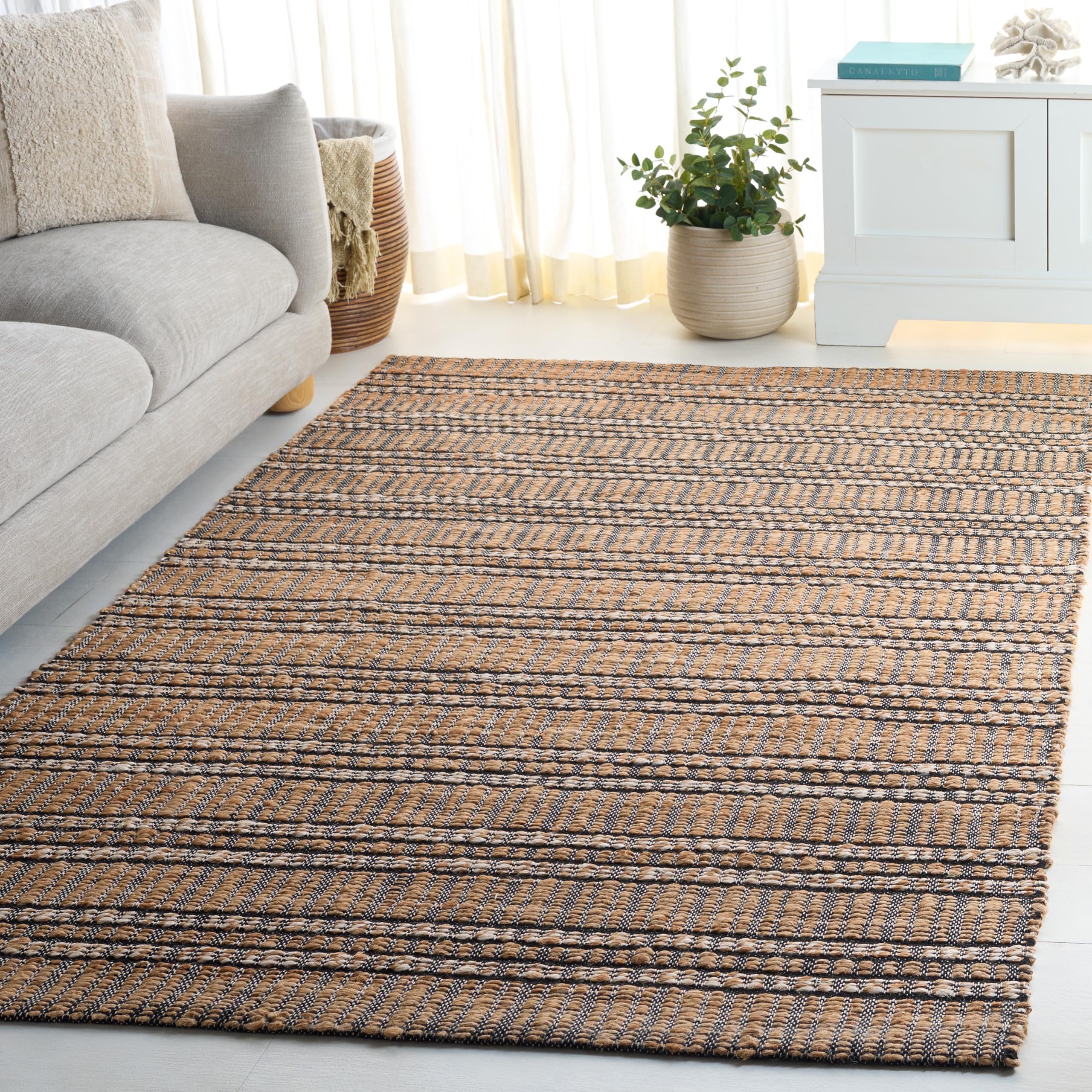 SAFAVIEH Natural Fiber Collection Area Rug - 6' x 9', Black & Natural, Handmade Flat Weave Stripe Jute & Cotton Jute, Ideal for High Traffic Areas in