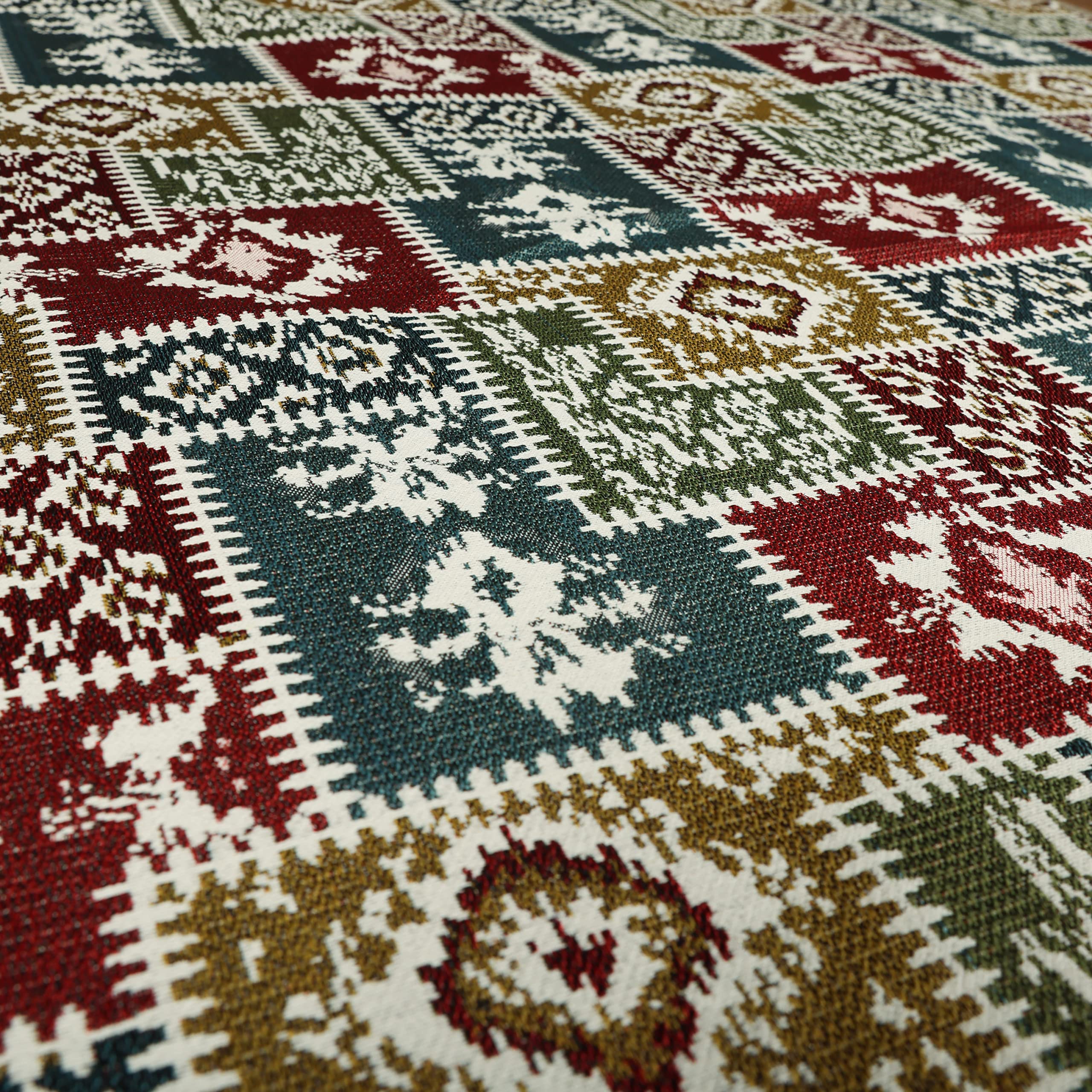 Tessuto per tappezzeria in ciniglia pesante, multicolore, bianco, motivo kilim, ignifugo, patchwork, materiale al metro, svendita (al metro)