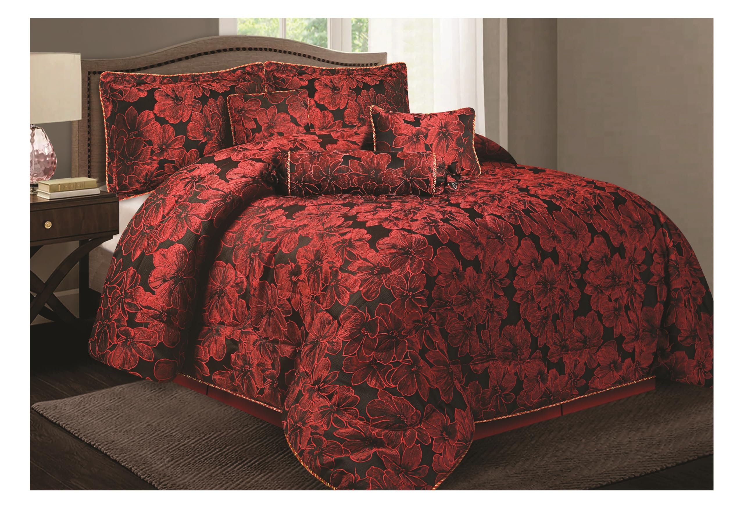 Opulent Living 7-Piece Jacquard Floral Comforter Bedding Set – Includes Bedspread, Valance Sheet, Pillow Shams, Cushion Cover, Decorative Pillow & Neck Pillow (Red, King, Petal)