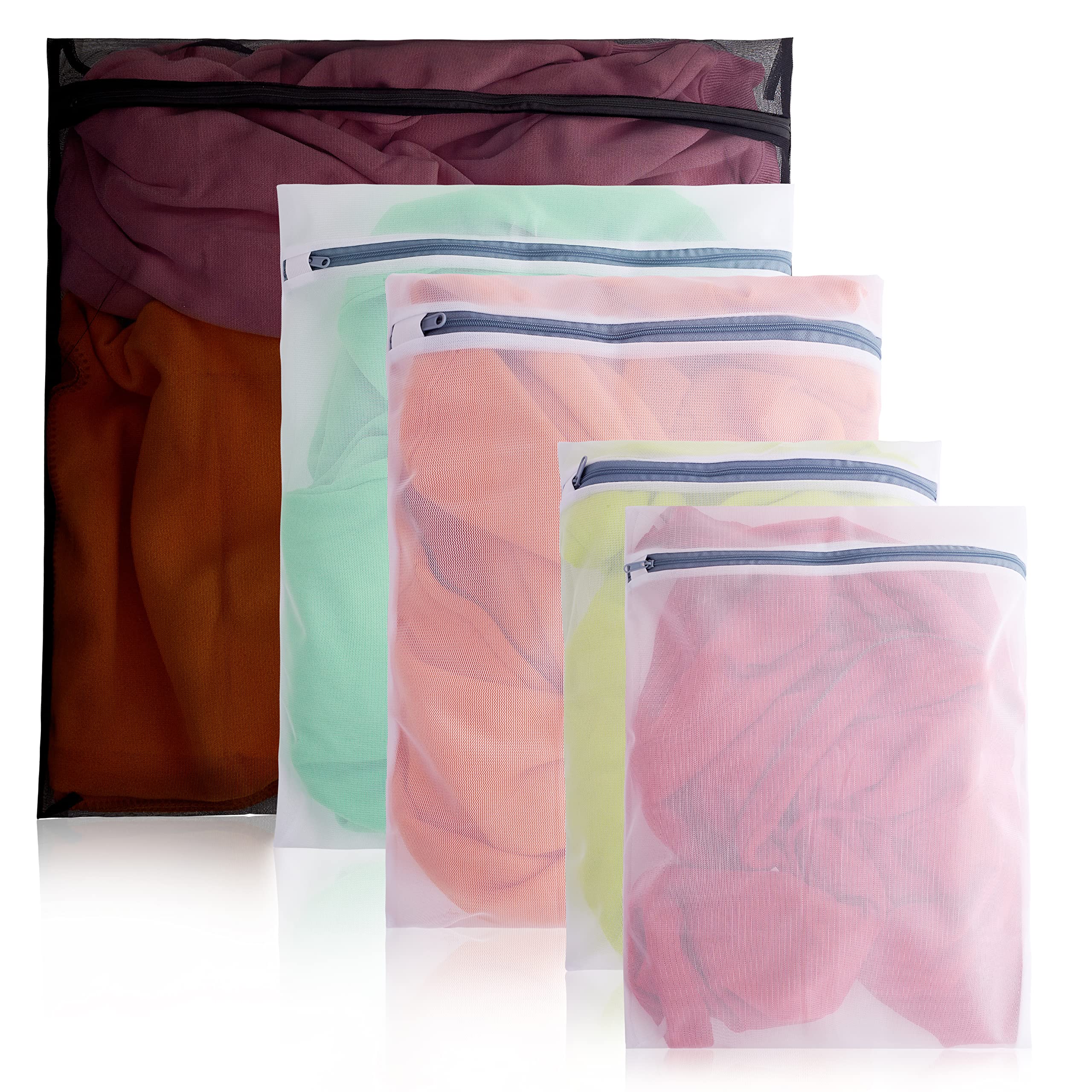5 Pcs Mesh Laundry Wash Bag, 60x60cm / 50x40cm / 38x30cm Large Fine Laundry Bags with Zips Reusable Washing Machine Wash Bags for Clothes, Socks, Underwear, Bra, Delicates, Trainers (1XL+2L+2M)