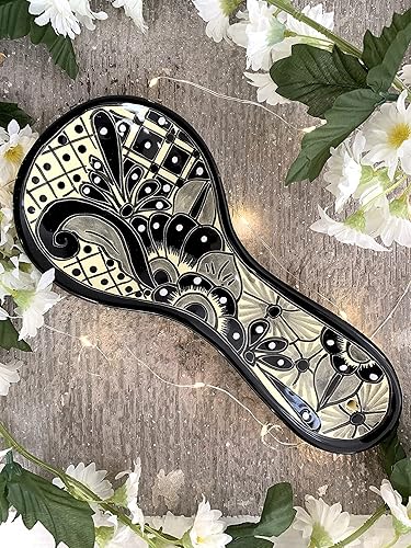 Miniatura 8 de Cuchara de cerámica - Talavera pintada a mano - Estilo mexicano - Decoración del hogar en blanco y negro - Cuchara Floral BlancoNegro