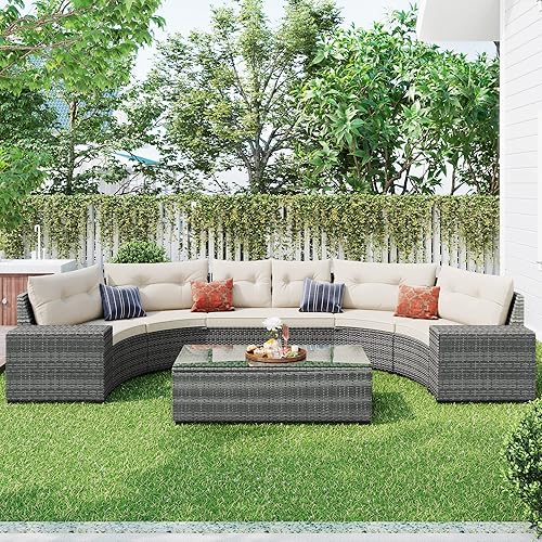 LZ LEISURE ZONE 8-Pieces Patio Conversation Set, Outdoor PE Rattan Wicker Round Sofa Set, All Weather Half-Moon Sectional Sofa Sets with Coffee Table, Grey+Beige
