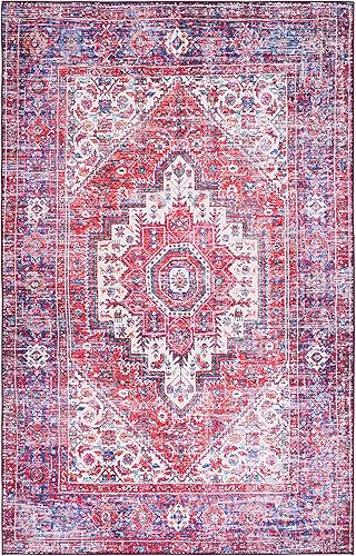 Miniatura 3 de SAFAVIEH Alfombra lavable Tucson Collection - 5 x 8 pies, rojo y azul, antideslizante, ideal para zonas de alto tráfico en sala de estar,