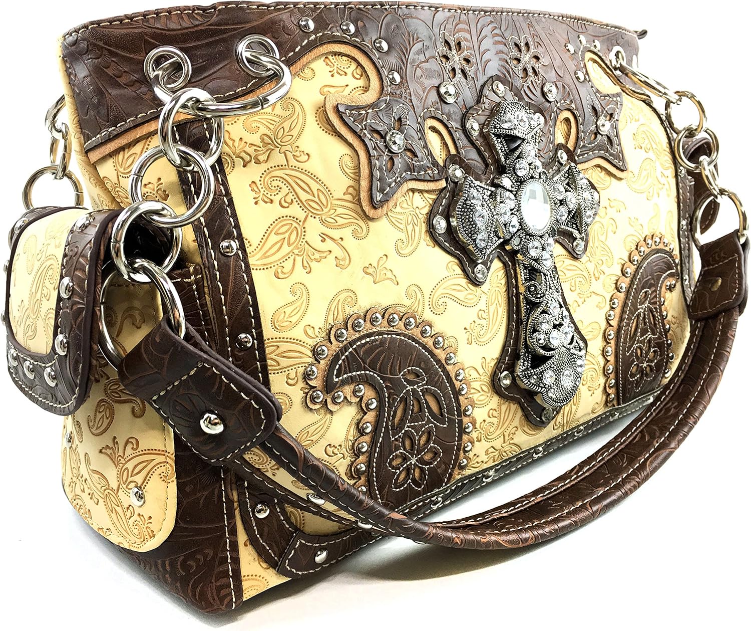 Justin West Paisley Embroidery Floral Tooled Leather Rhinestone Cross Shoulder Concealed Carry Handbag Purse