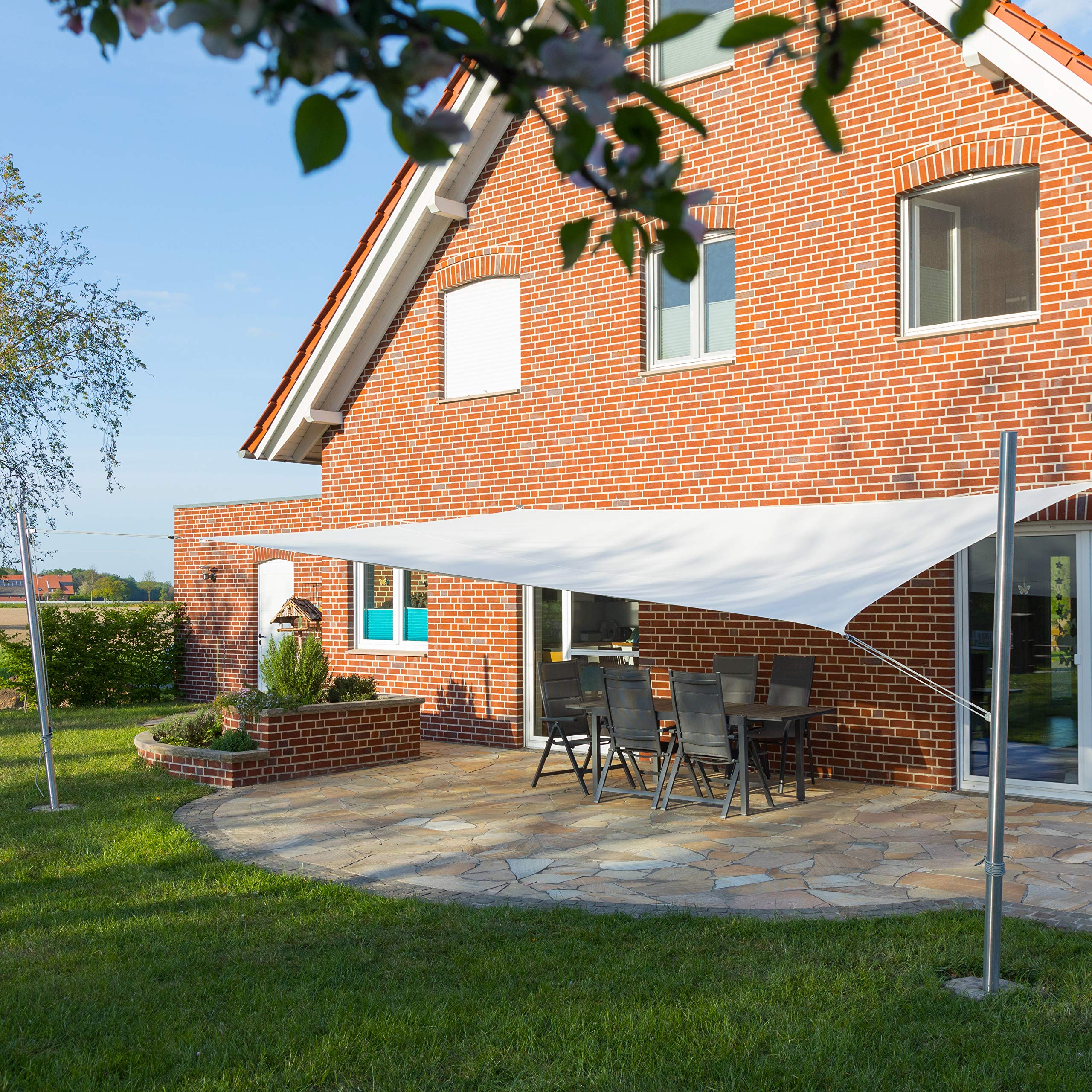 Toldoro Sonnensegel Komplettset Rechteck PES 2 Wandhalter / 2 Höhenverstellbare Edelstahlmasten Ø70x3mm 5,6x5,6m cremeweiß