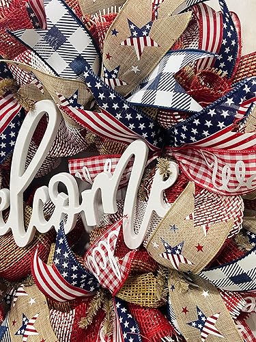 Miniatura 6 de 24" Round Patriotic Mesh Front Door Wreath with Welcome Sign Insert Option, Heavy Wire Base, Lots of Ribbon