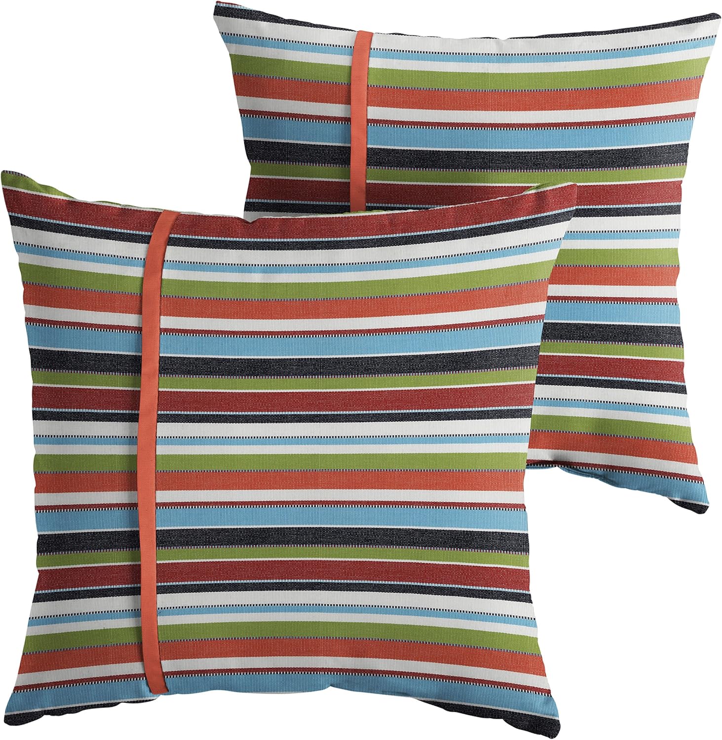 Mozaic Company AMPS113758 Indoor Outdoor Sunbrella Square Pillows, Set of 2, 16 x 16, Multicolor Stripes & Canvas Melon Orange