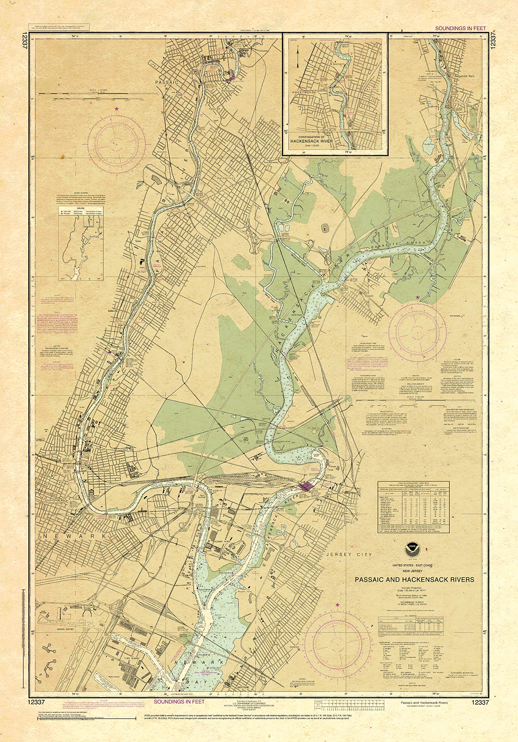Paradise Cay Publications Antiqued NOAA Chart 12337: Passaic and Hackensack Rivers