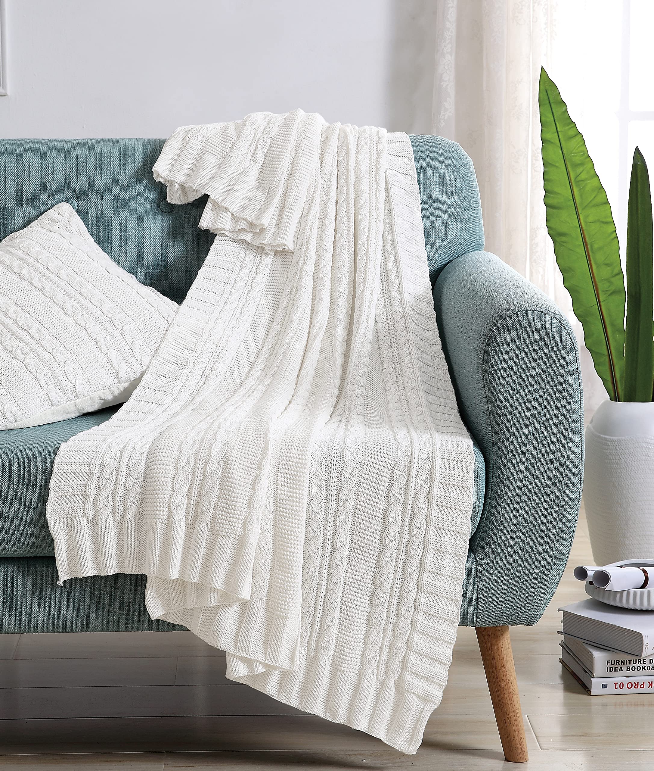 VCNY HomeDublin Collection | Throw Blanket - 100% Cotton in Cable Knit Weave, Ultra Plush, Luxuriously Warm - for Bed, Couch, or Chair, Throw, White 50x70