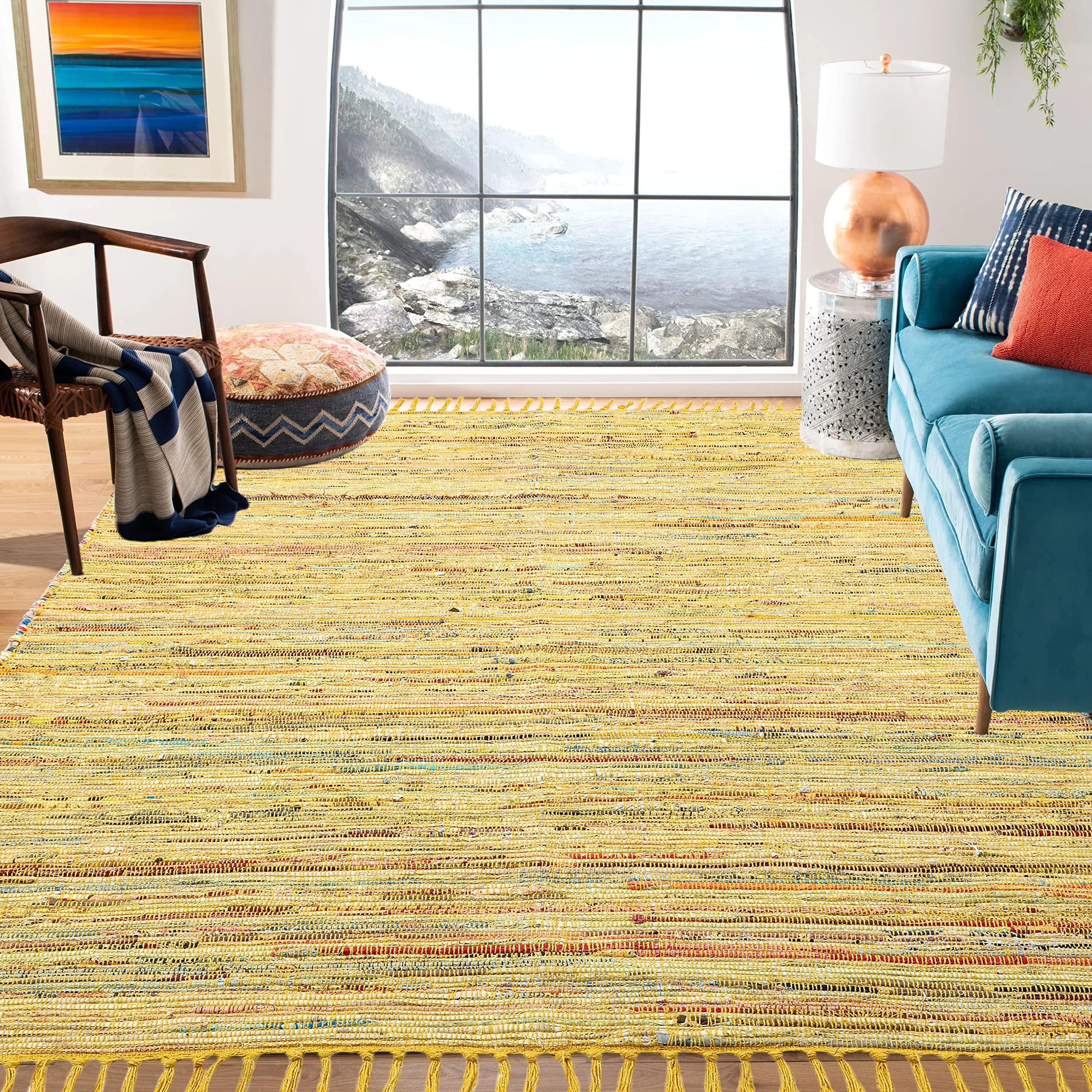 SISOSU Cotton Area Rug - Carpets Suitable for Living Room, Bedroom, Dining Room, Home Décor - Handcrafted Traditional Rugs - Non-Skid - Chindi Cotton Rag - 8’ x 10’ - Yellow