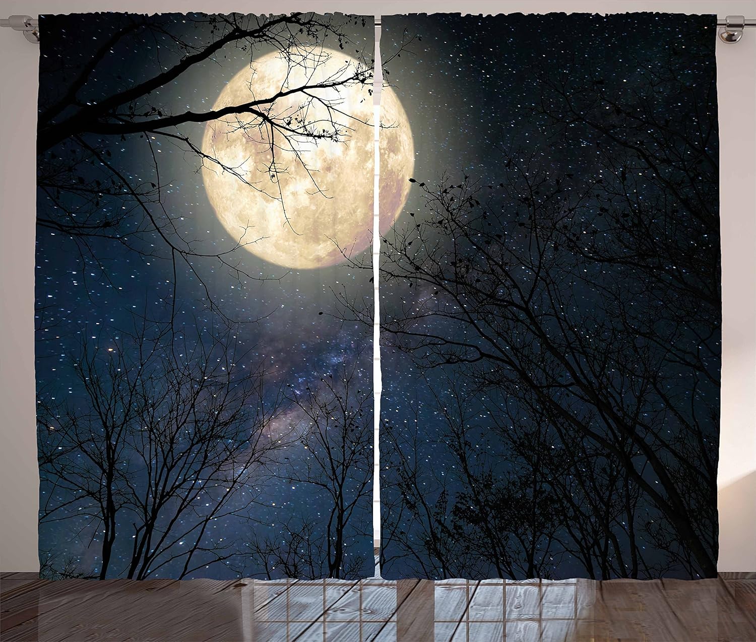 Ambesonne 夜空カーテン 夜空 天の川 星 黄昏 月 風景 枝付き リビングルーム ベッドルーム 窓 ドレープ 2パネルセッ