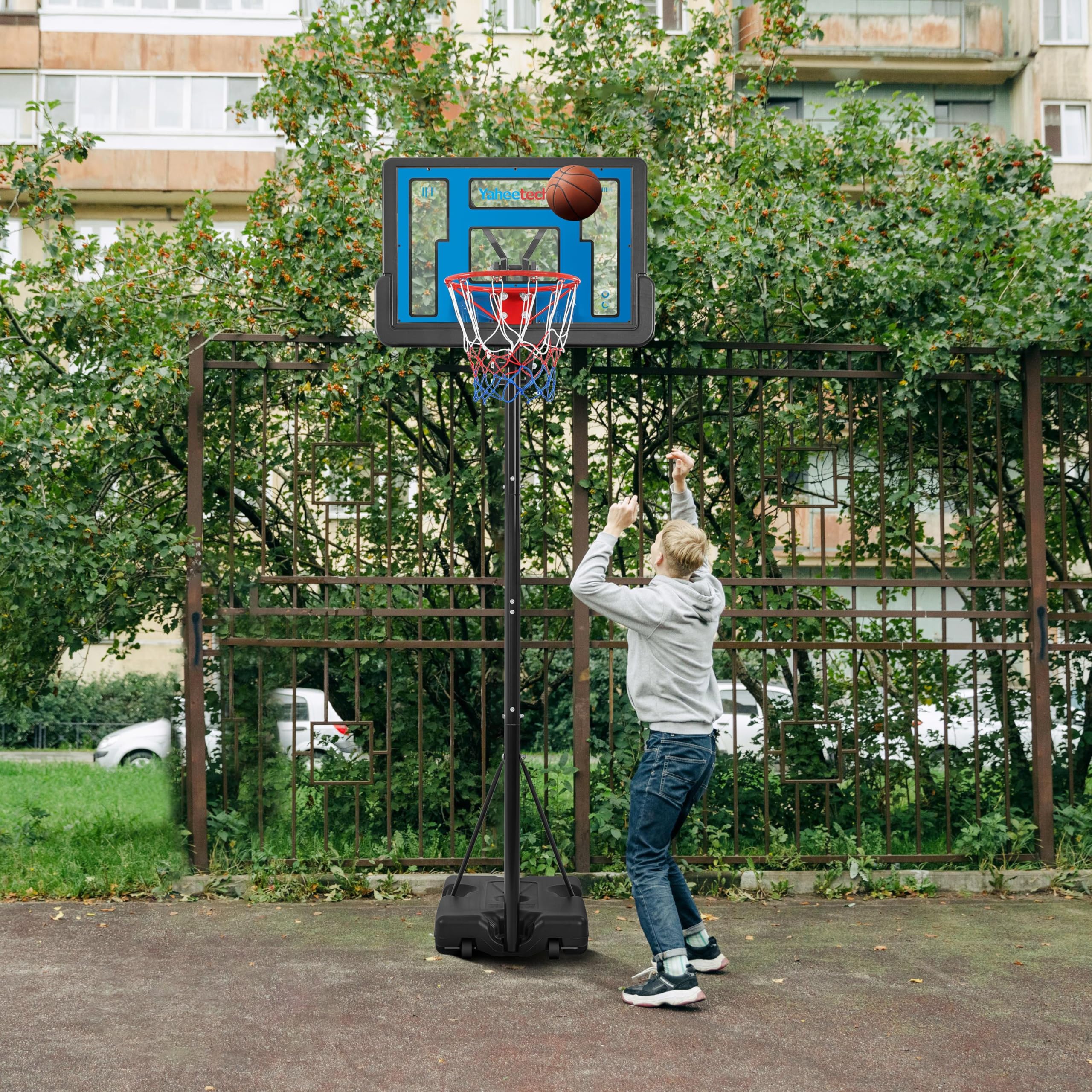 Yaheetech Mobiele basketbalkorf, basketbalstandaard met handgreep, in hoogte verstelbare mandhoogte 227 tot 303,5 cm, voor binnen en buiten, korf, verstellen met handgreep