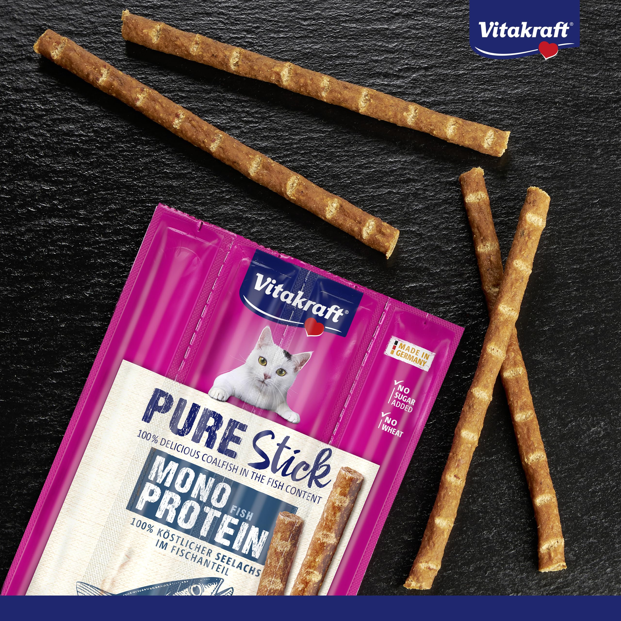 Vitakraft Pure Stick, Katzen Leckerli, fleischiger Stick, mit Seelachs, einzelne Sticks, auch für ernährungssensible Katzen, Vorratsgröße (20x 20g)