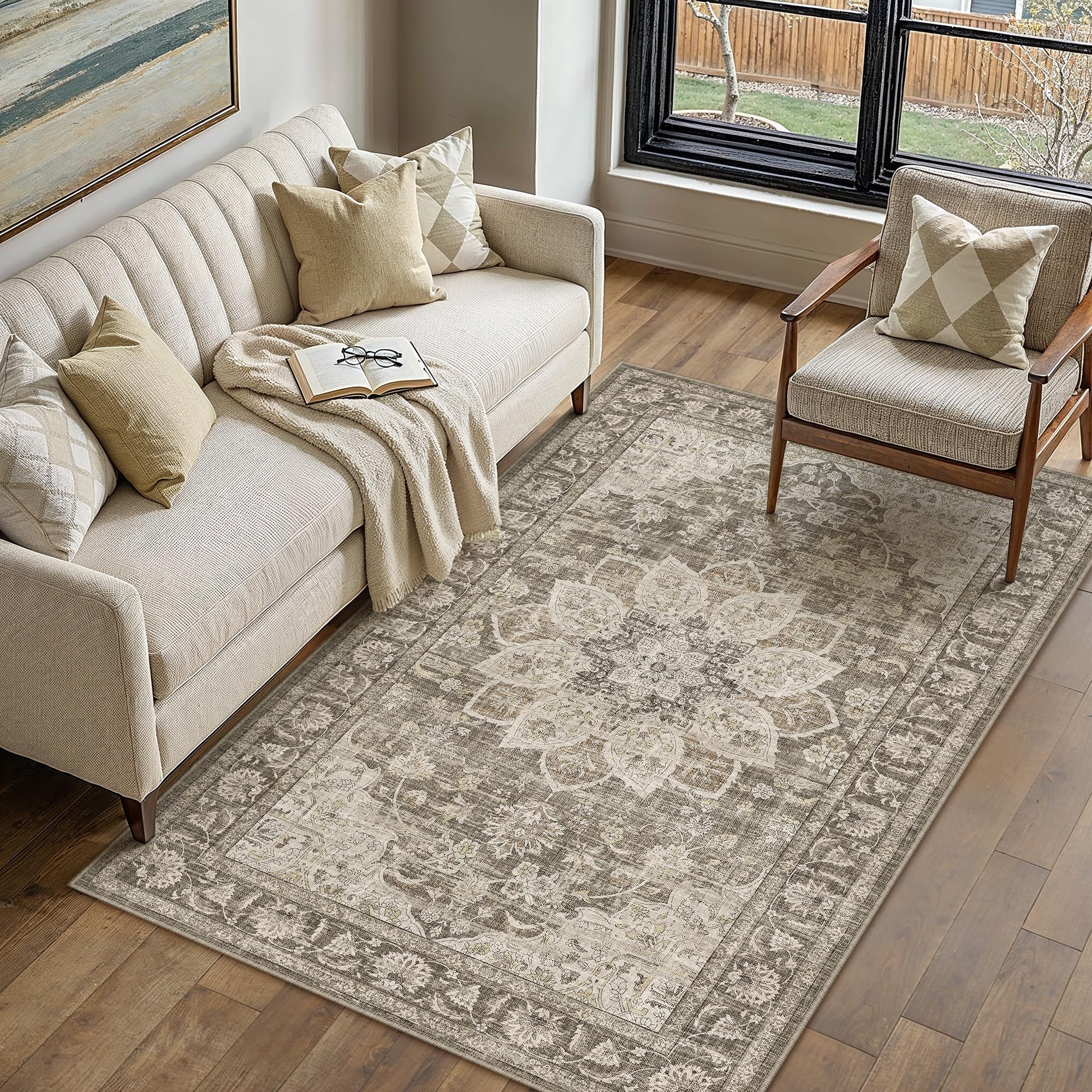 PureCozy Brown Rugs Living Room Area Rug 120x170cm Bedroom Large Washable Non Slip Vintage Carpet Office Kitchen Bedroom Dining Room Indoor Low Pile Carpets — image 1