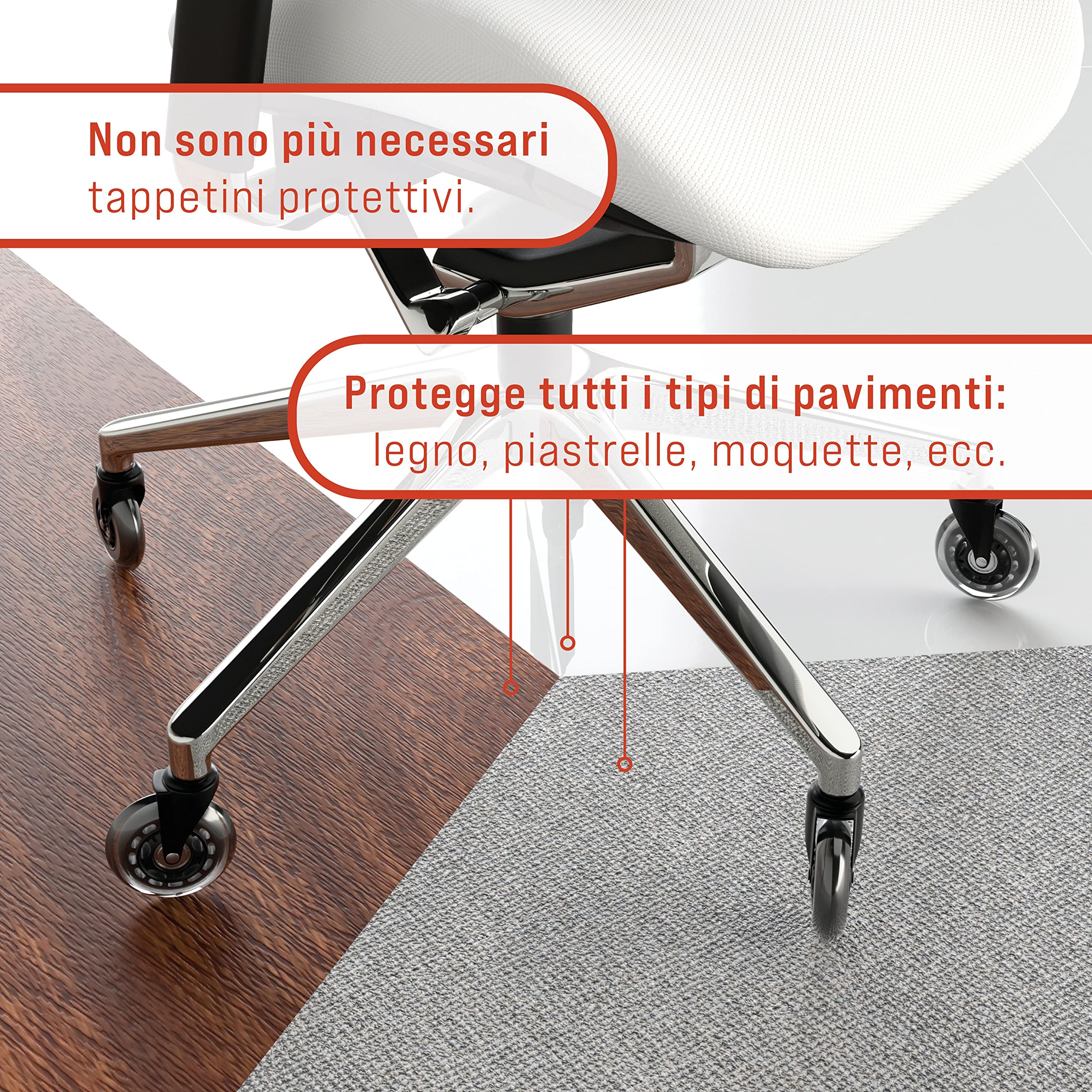5 Ruote Per Sedia Ufficio Con Freni - 75mm, Universali 11x22mm, Silenziose, Per Parquet E Laminato - Foto 6
