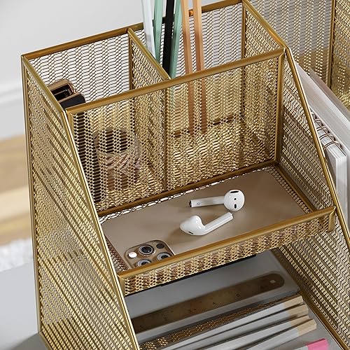 Miniatura 7 de Martha Stewart Ryder - Organizador de escritorio grande de metal de malla dorada con soporte para archivador de revista, soporte para bolígrafos y
