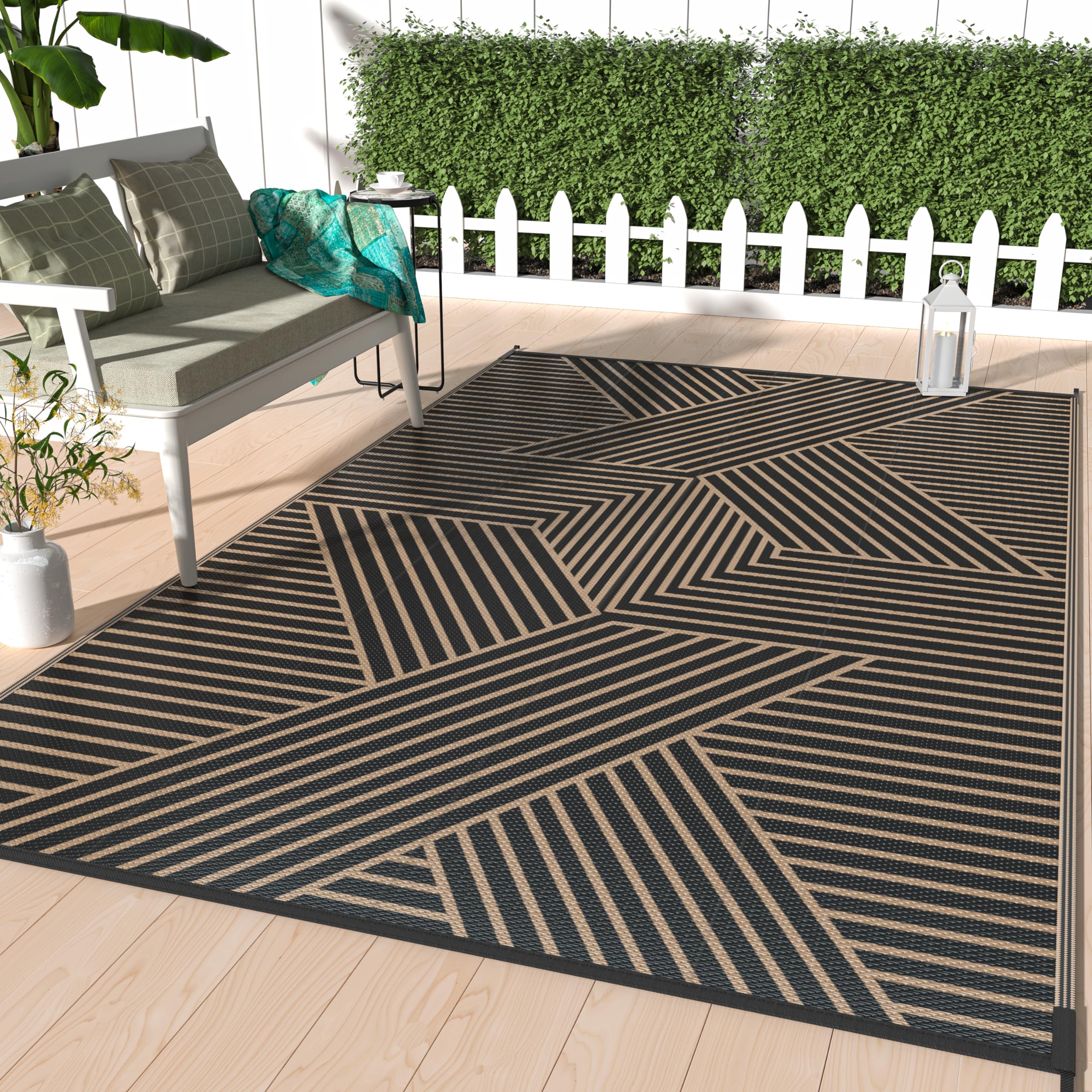 GENIMO 5'x8' Outdoor Rug for Patio Waterproof, Reversible Plastic Straw Rug Outside Carpet, Geometric Area Rug Camping Mats for Rv, Backyard, Deck, Balcony, Porch, Beach BlackBrown
