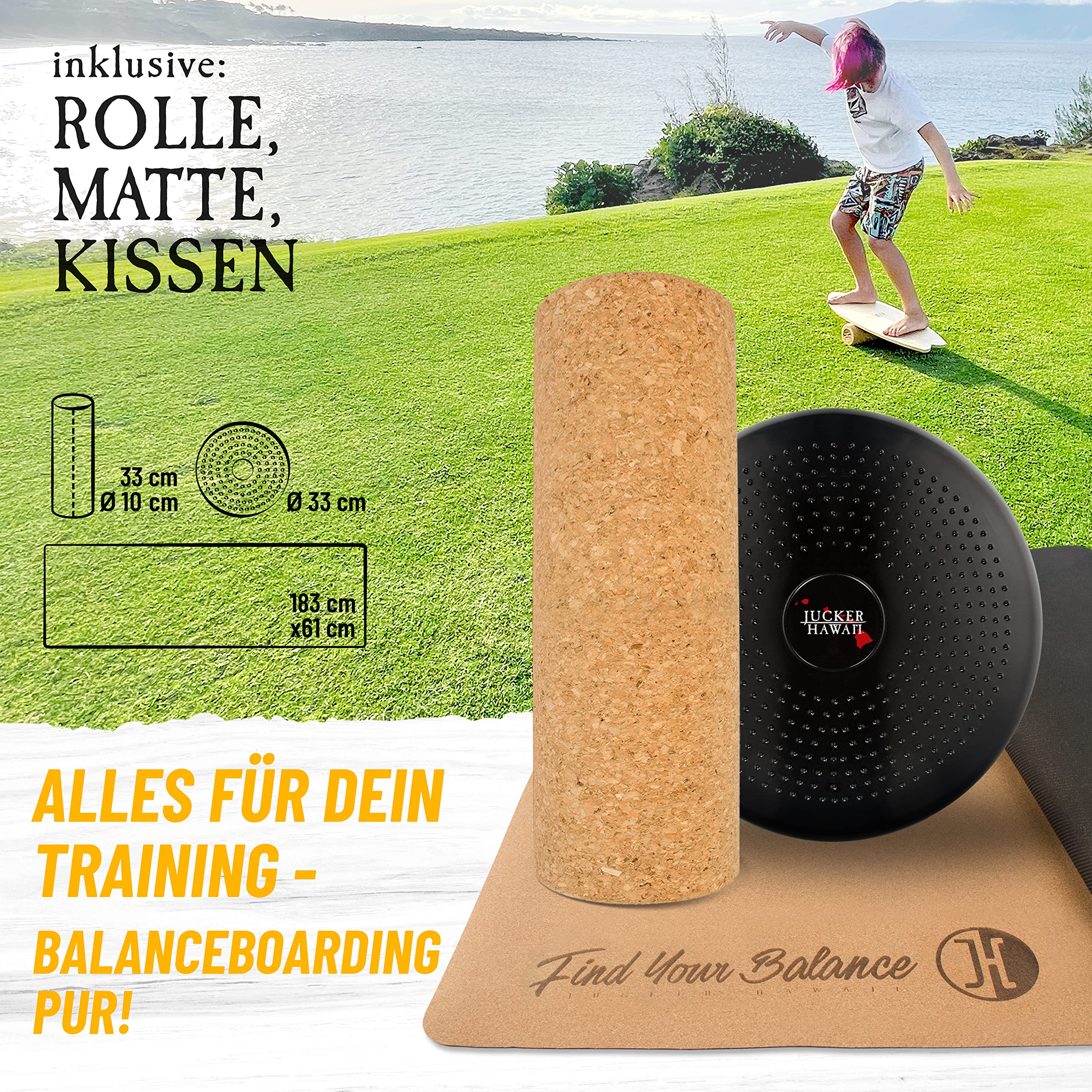 JUCKER HAWAII Balance Board Wave - Komplett-Set mit Halbkugel, Korkrolle und Matte - Find your Balance