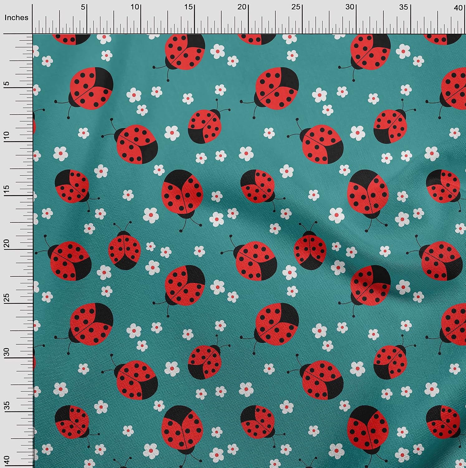 oneOone Cotton Cambric Teal Blue Fabric Bird Ladybird Craft Projects Decor Fabric Printed by The Yard 42 Inch Wide