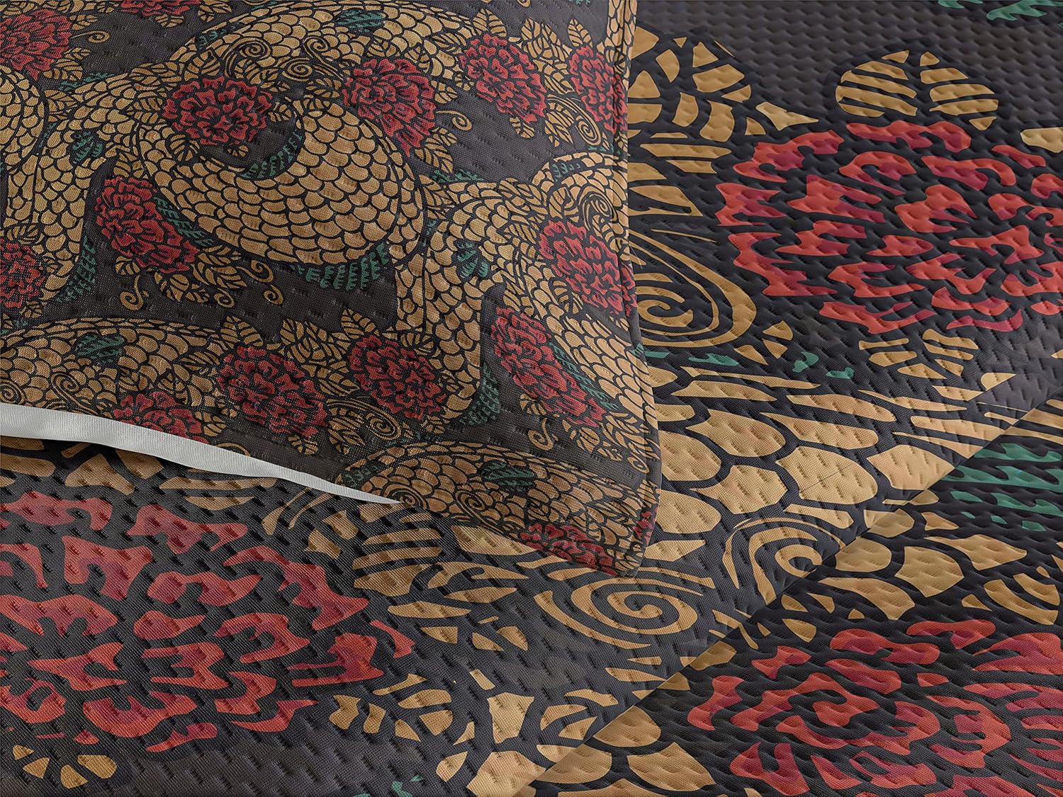 Ambesonne Asian Coverlet, Traditional Design Roses and Dragon Eastern Chinese Pattern, 3 Piece Decorative Quilted Bedspread Set with 2 Pillow Shams, King Size, Jade Green King Size Jade Green