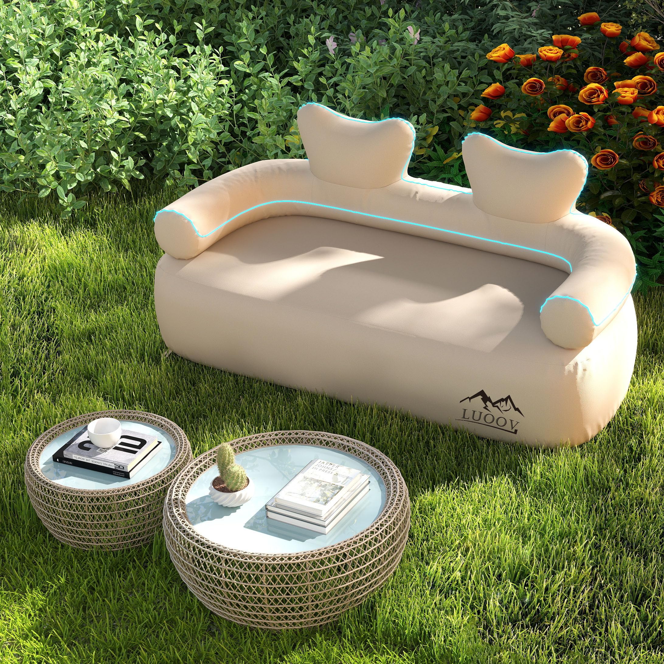 LUOOV Air Mattress Sofa Bed with Portable Air Pump,Folding Inflatable Sofa Camping Chair Couch Waterproof Outdoor Air Sofa Support 660 lbs for Camping Travel (Khaki Loveseat), Small Double