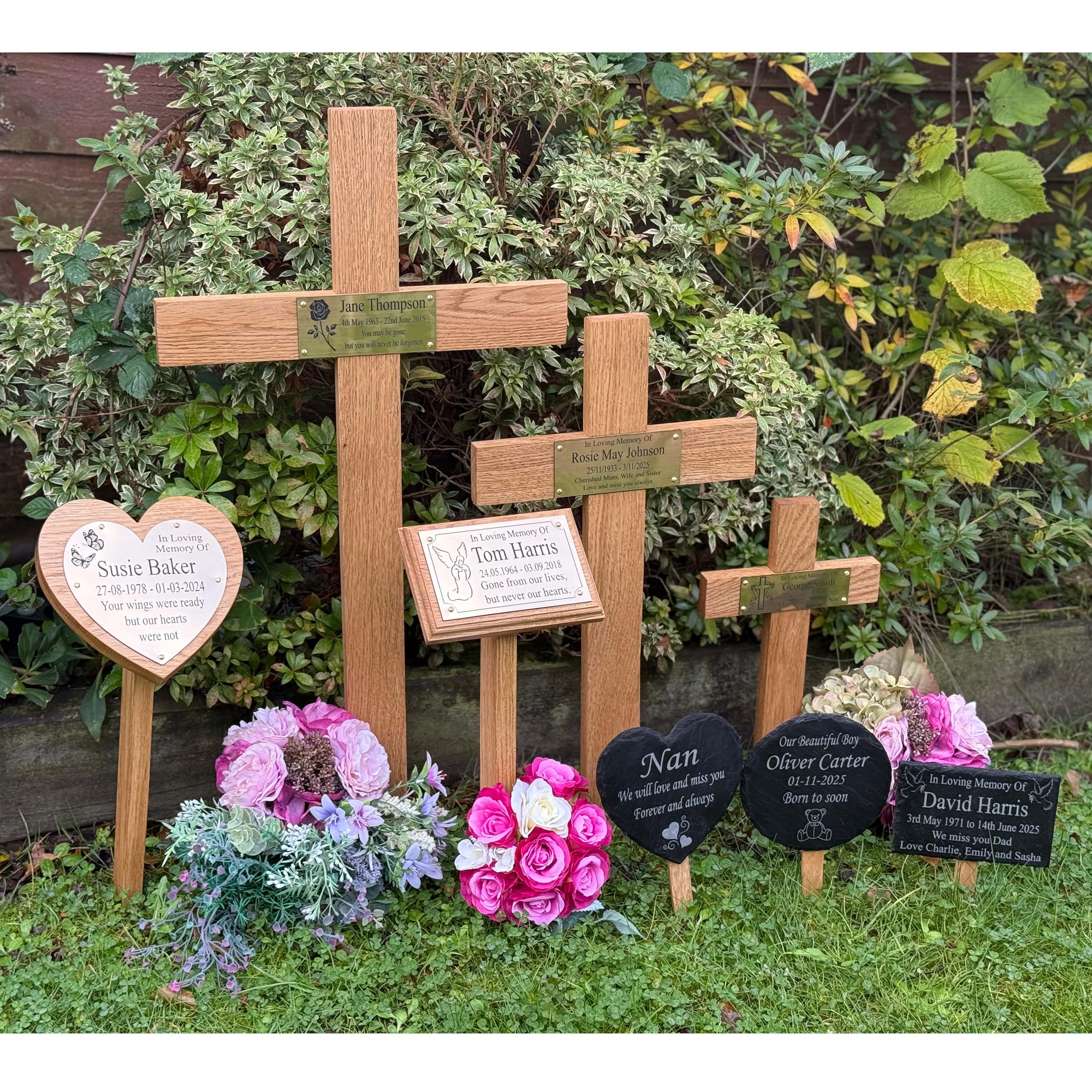 Personalised engraved memorial grave markers solid oak wood or slate handmade cross hearts rectangles rememberance plaques (Slate Heart)