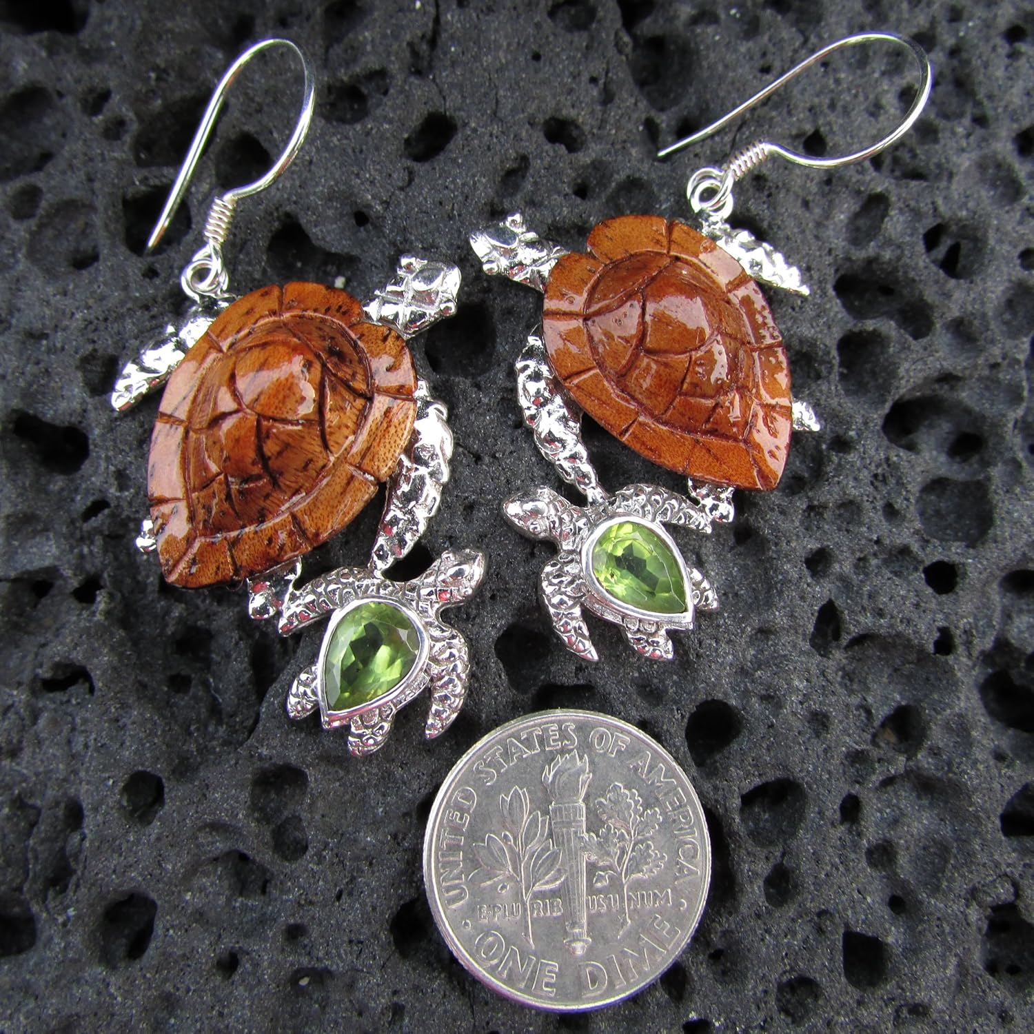 Sea Turtle Earrings. Hawaiian Koa Wood. Sterling Silver. Peridot.