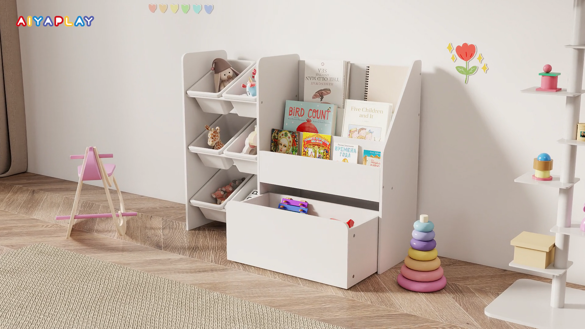 AIYAPLAY Scaffale Per Bambini Con 11 Cestini E Armadietto – Su Ruote, 105x30x80 Cm, Bianco