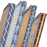 Reversible Christmas Wrapping Paper Bundle, Elegant Blue and Gold (4 Rolls: 150 sq. ft. ttl.) Dark Blue, Gold, Teal Snowflakes, Peace, Stripes, Geometric