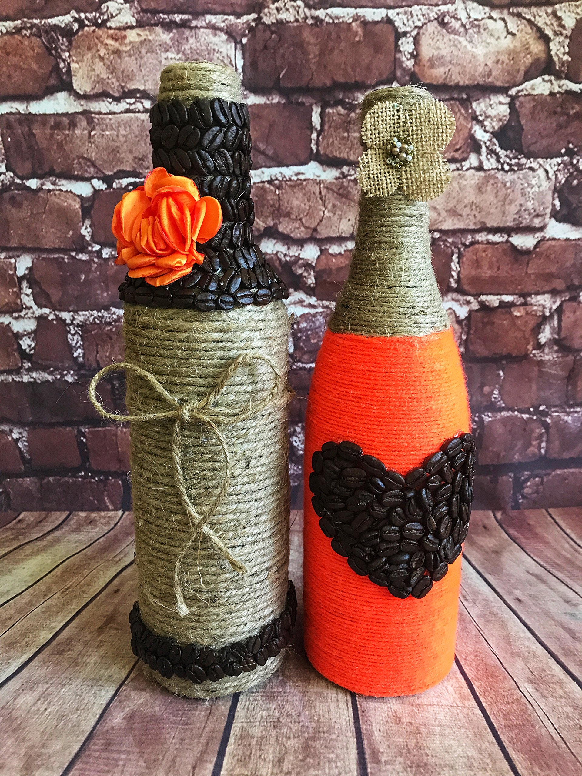 Wine Bottles. Glass Bottles. Decorated Bottles. Decoupage Bottles. Home Decor. Centerpieces. Vases. Craft Bottles. Art. Yarn Bottles. Displays.Handmade. Decorations.Coffee Bean Bottles.Table Display.