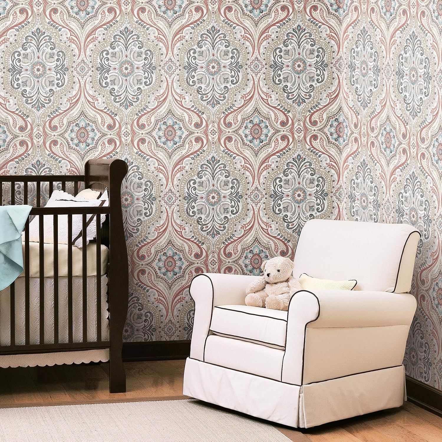 RoomMates RMK11830WP Beige and Red Boho Damask Peel and Stick Wallpaper