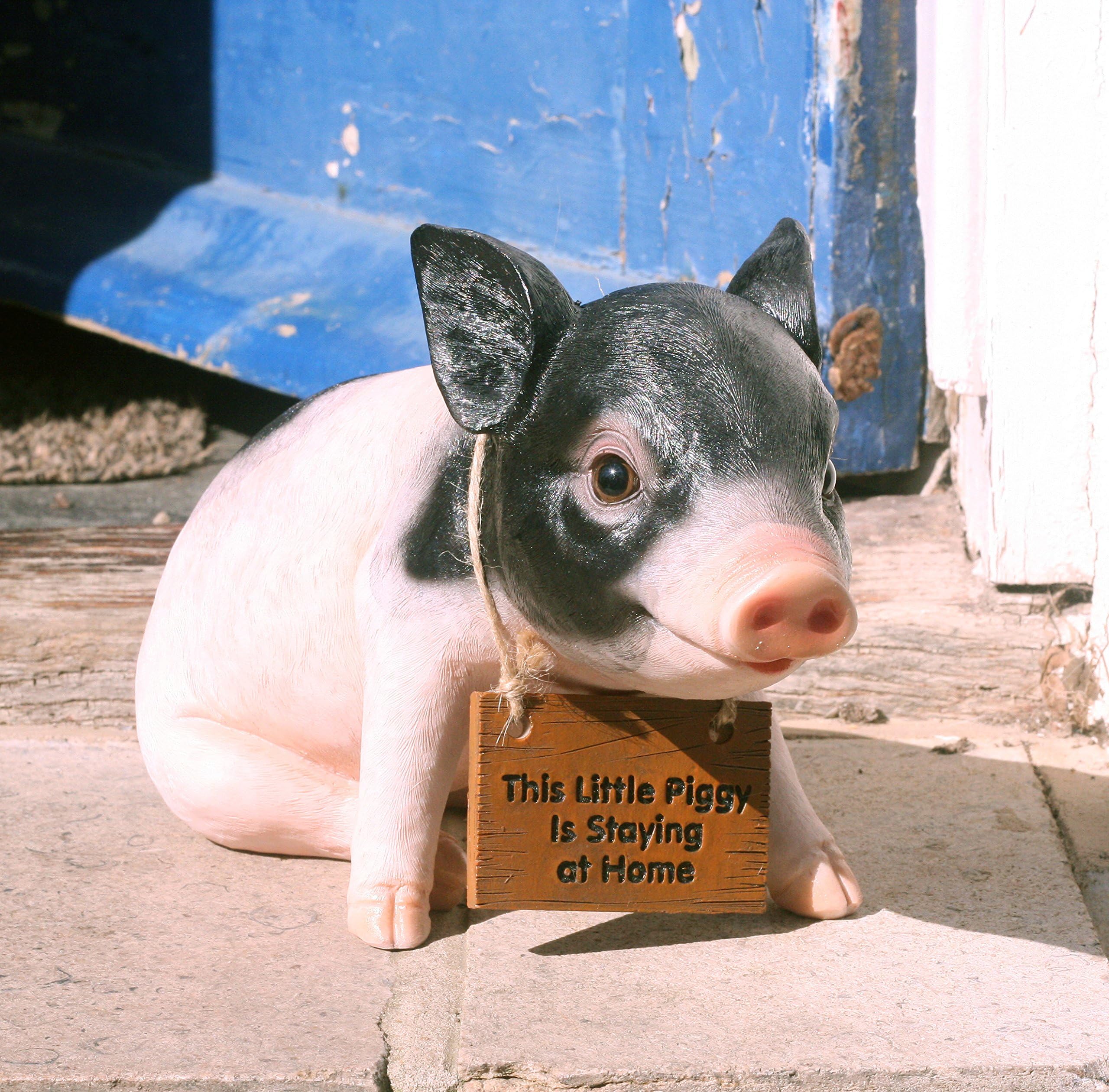 PDTXCLS Pandora Pig 27 cm Resin Garden, Porch/Doorstep Ornament with This little piggy is staying at home sign
