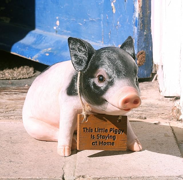 Pandora Pig 27 cm Resin Garden, Porch/Doorstep Ornament with"This little piggy is staying at home" sign