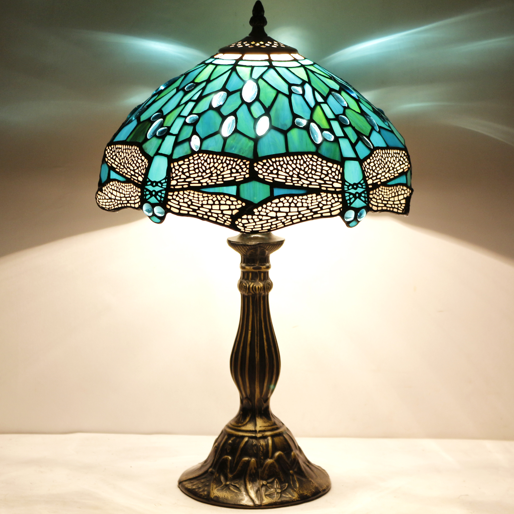 Image of WERFACTORY Tiffany Lamp Green Blue Stained Glass Bedside Table Lamp 18 Inch