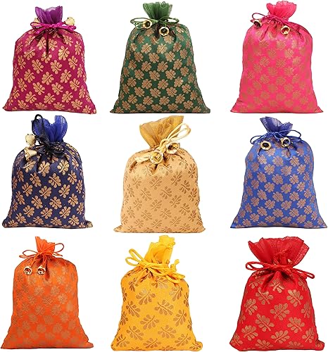 Touchstone Preciosas bolsas de regalo reutilizables, respetuosas con el medio ambiente, con cordón grande, patrón de hojas de mimosa, brocado para