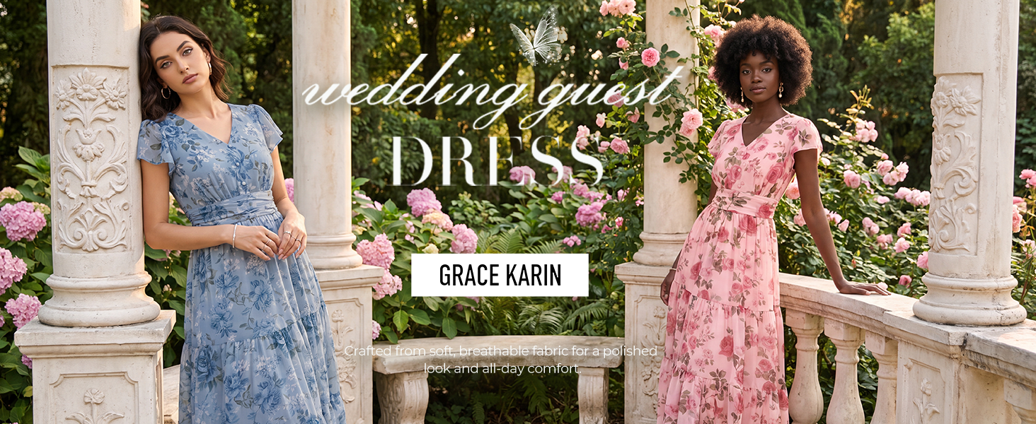 GRACE KARIN Women Summer Dress,Maxi Floral Dresses,V Neck Wedding Guest Flowy Dress 2026 Black with Roses S at Amazon Women's Clothing store